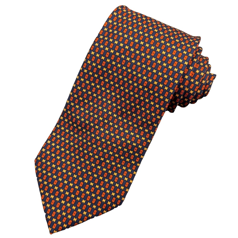 Battistoni Tie Mens Orange Blue Geometric‎ Art Silk Luxury Necktie Made Italy